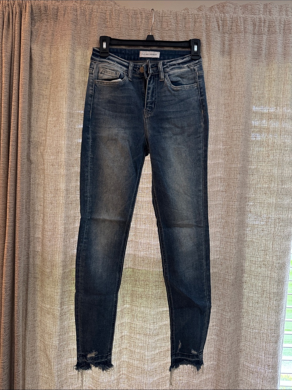 Flying Monkey Dark Blue High-Rise Skinny Jeans with Frayed Hem